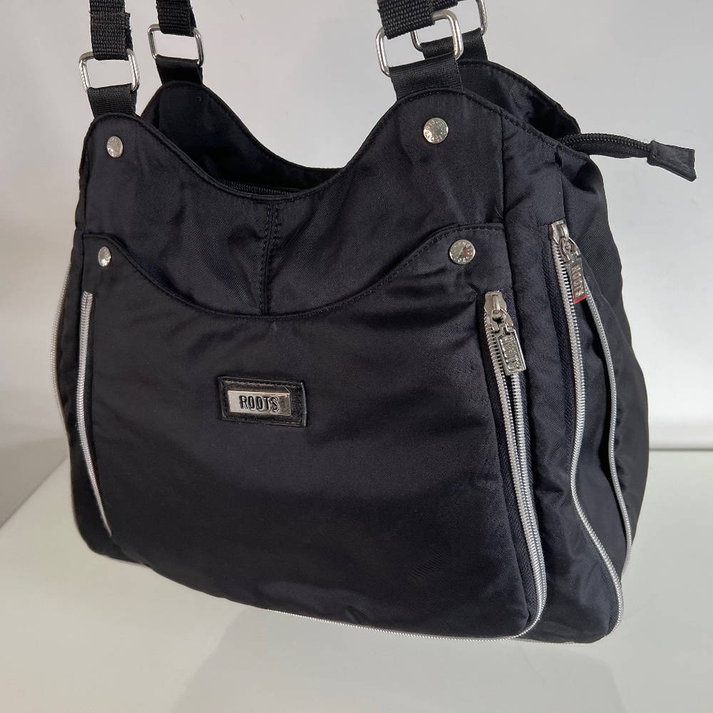 ROOTS Canada Black Purse Handbag Nylon Canvas Large Silver Accents EUC Clean